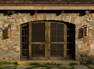 log cabin construction Big Sky, Montana with rustic door and stone wall with rustic exterior lights