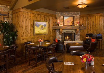 interior dining area and fireplace lounge of black bull restaurant